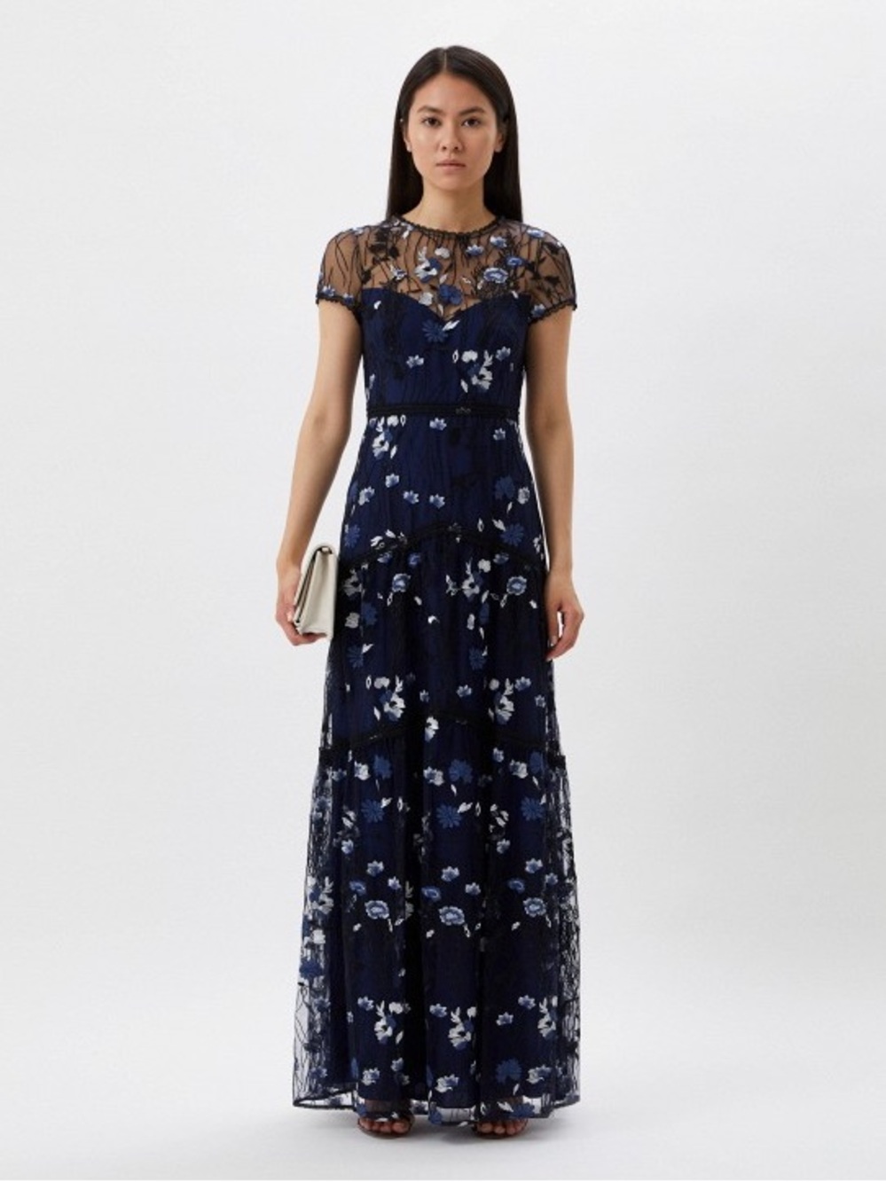 Monique Lhuillier Navy Blue Embroidered Tulle Tiered Maxi Gown - US 6